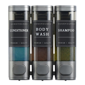 Unisence 3-chamber wall-mounted shampoo dispenser with lockable design, ideal for hotels.