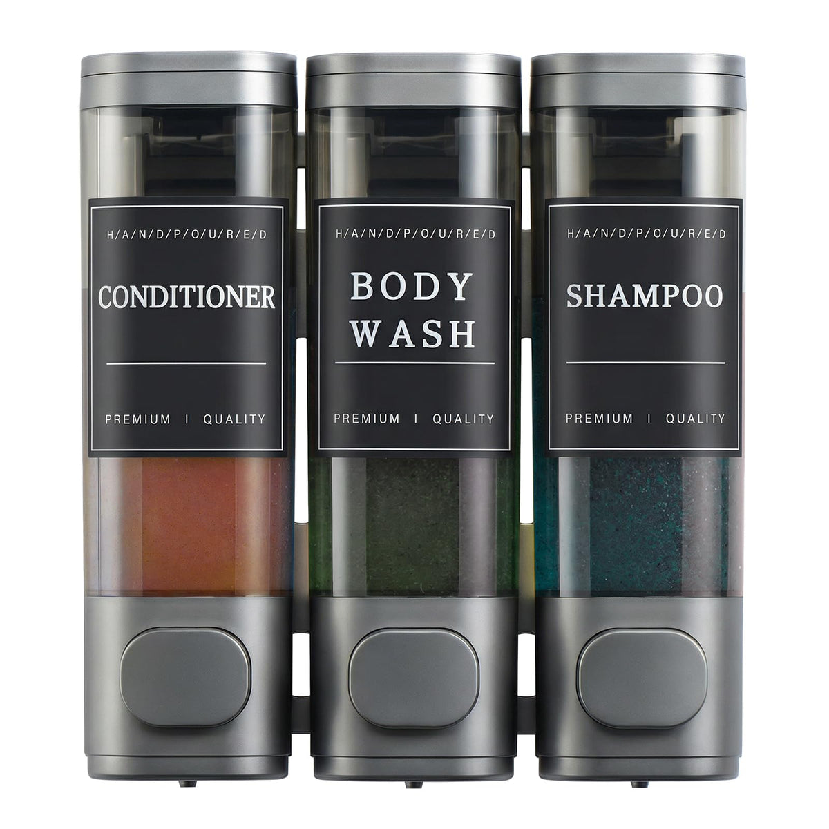 unisence wall-mounted 3-chamber dispenser in dark gray for easy liquid access