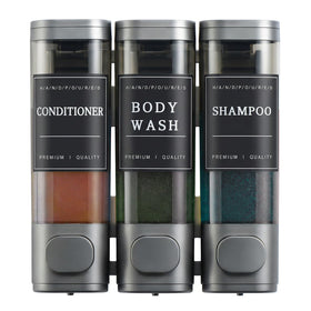 unisence wall-mounted 3-chamber dispenser in dark gray for easy liquid access