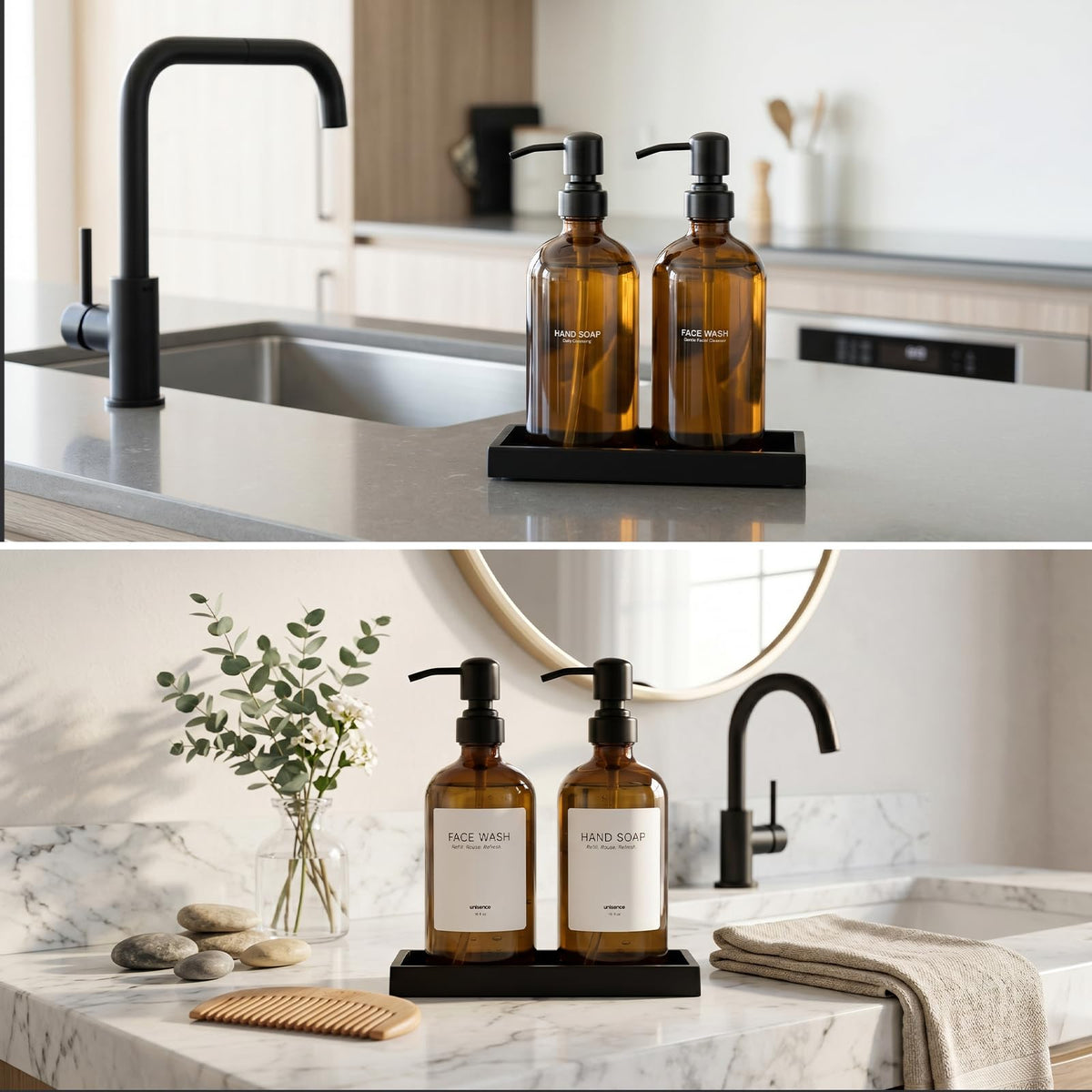 Unisence dispenser closeup shows rust-free stainless steel pump.