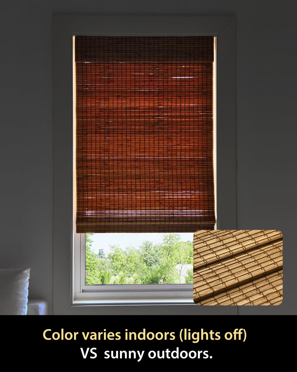 UNISHADES bamboo grain under daylight and lamp lighting.