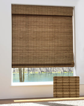 UNISHADES cordless bamboo roman shade front view highlighting natural grain and soft light diffusion.