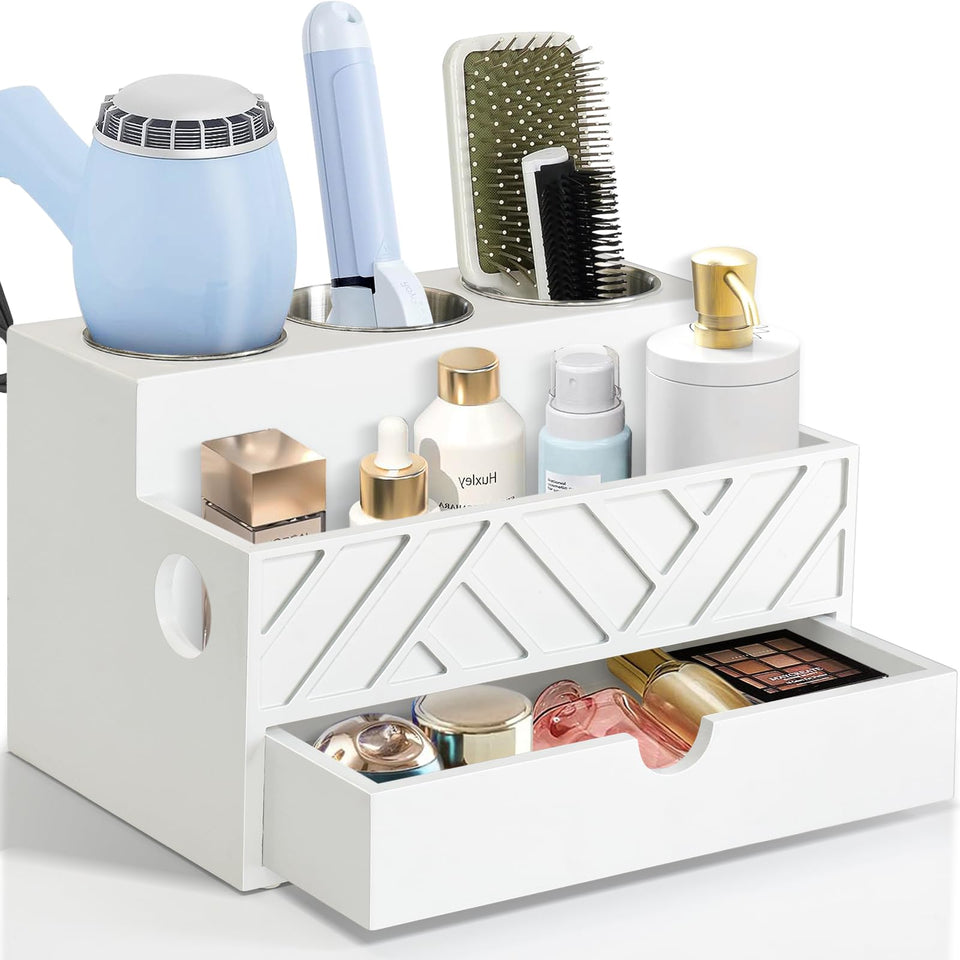 Unistyle hair dryer holder with drawer keeps tools organized and ready for styling.