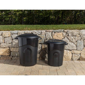 United Solutions outdoor-ready round bin on a patio highlights sleek finish.