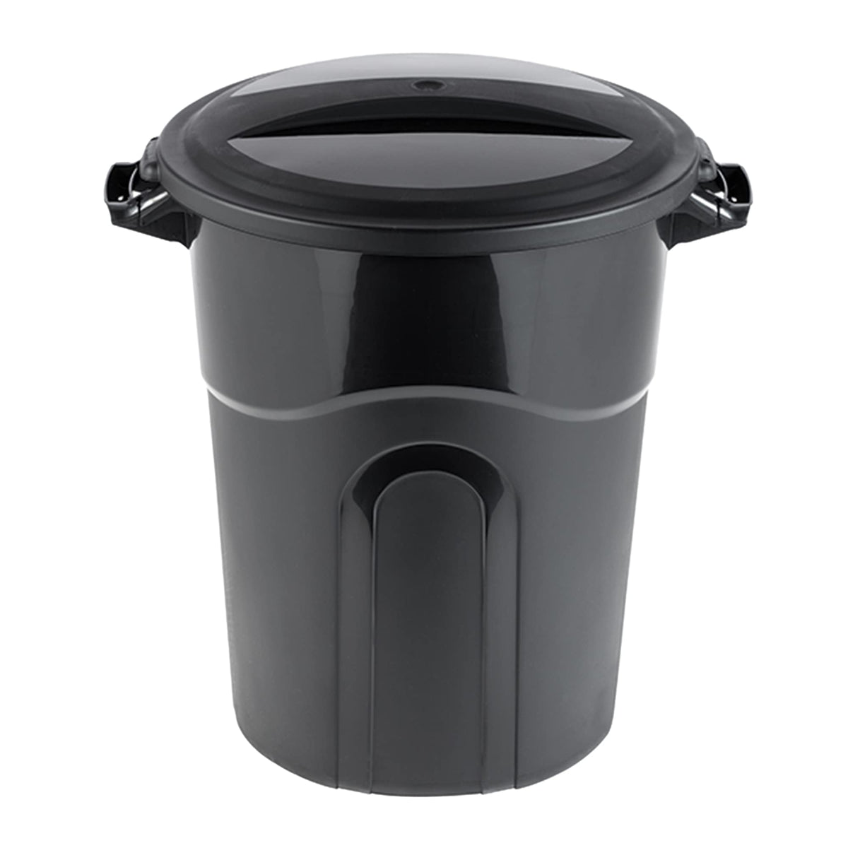 United Solutions round waste can side profile in black, rugged construction.