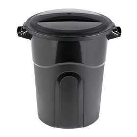 United Solutions round waste can side profile in black, rugged construction.