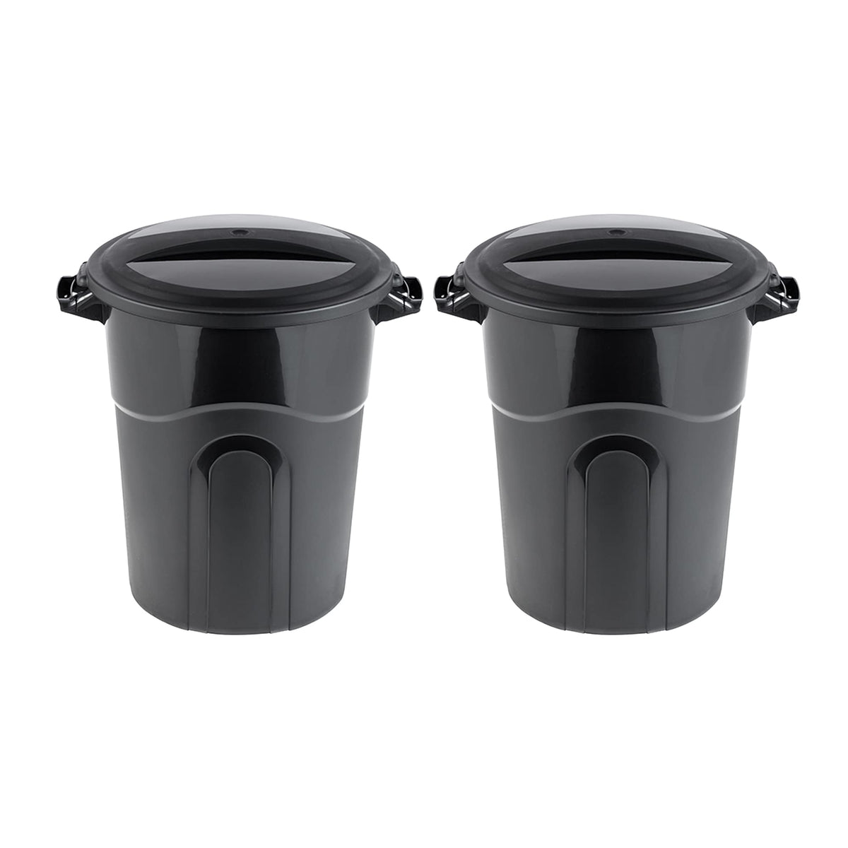 United Solutions 20-gallon round waste container top view, durable black finish for any space.