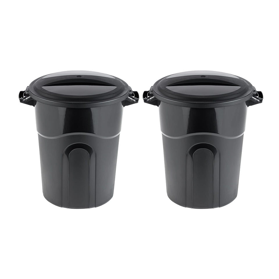 United Solutions 20-gallon round waste container top view, durable black finish for any space.