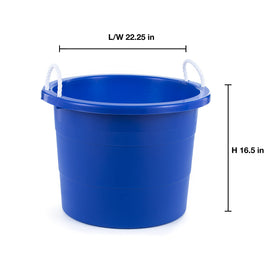 Outdoor garden storage with the blue rope-handle tub for organized supplies.