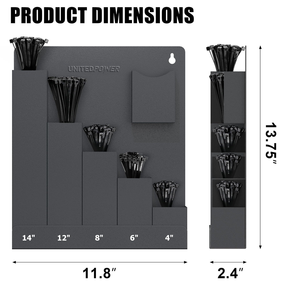 UNITEDPOWER Five-height compartments hold varying zip-tie lengths