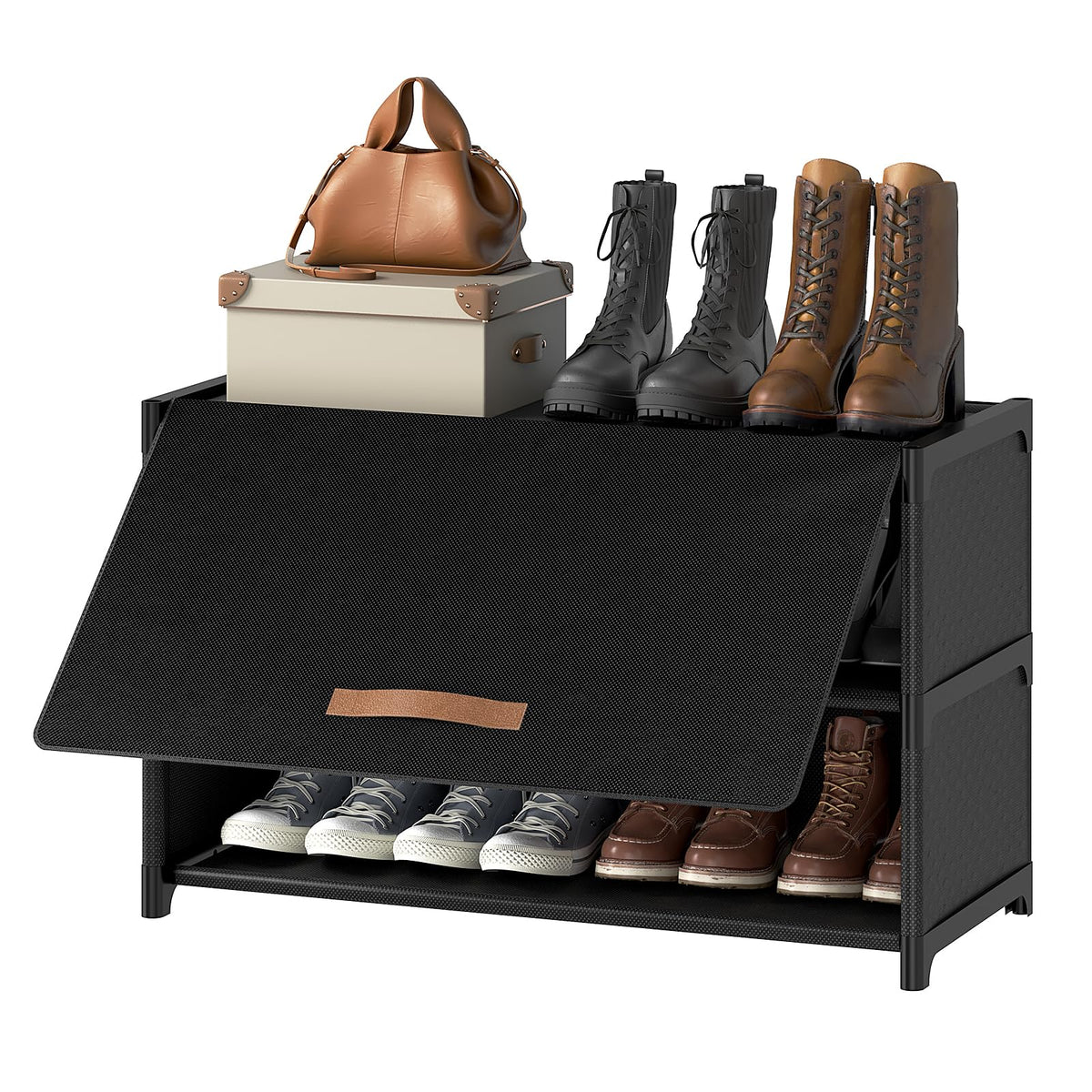 UNITSTAGE shoe rack 3-tier front view with roomy compartments for daily footwear.