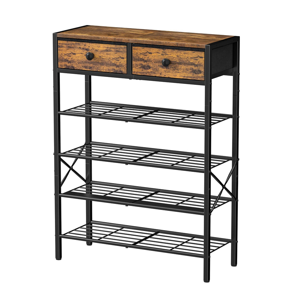 UNITSTAGE 5-tier rack with rustic brown wooden top keeps entryways organized.