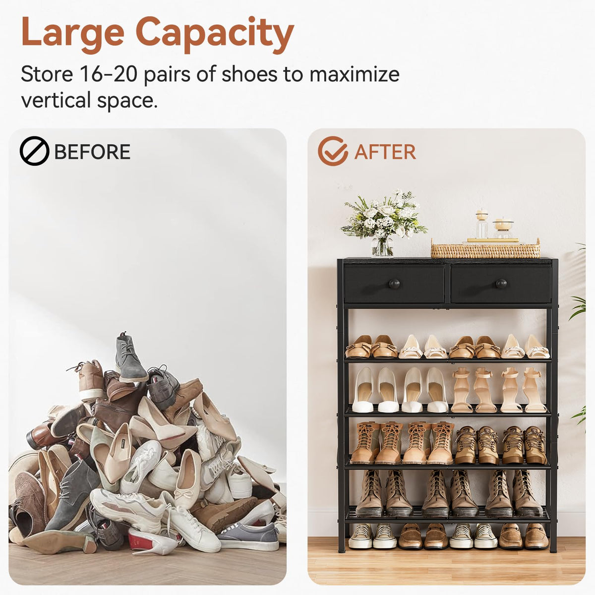 UNITSTAGE shoe rack shown in a tidy room setup saves closet space.