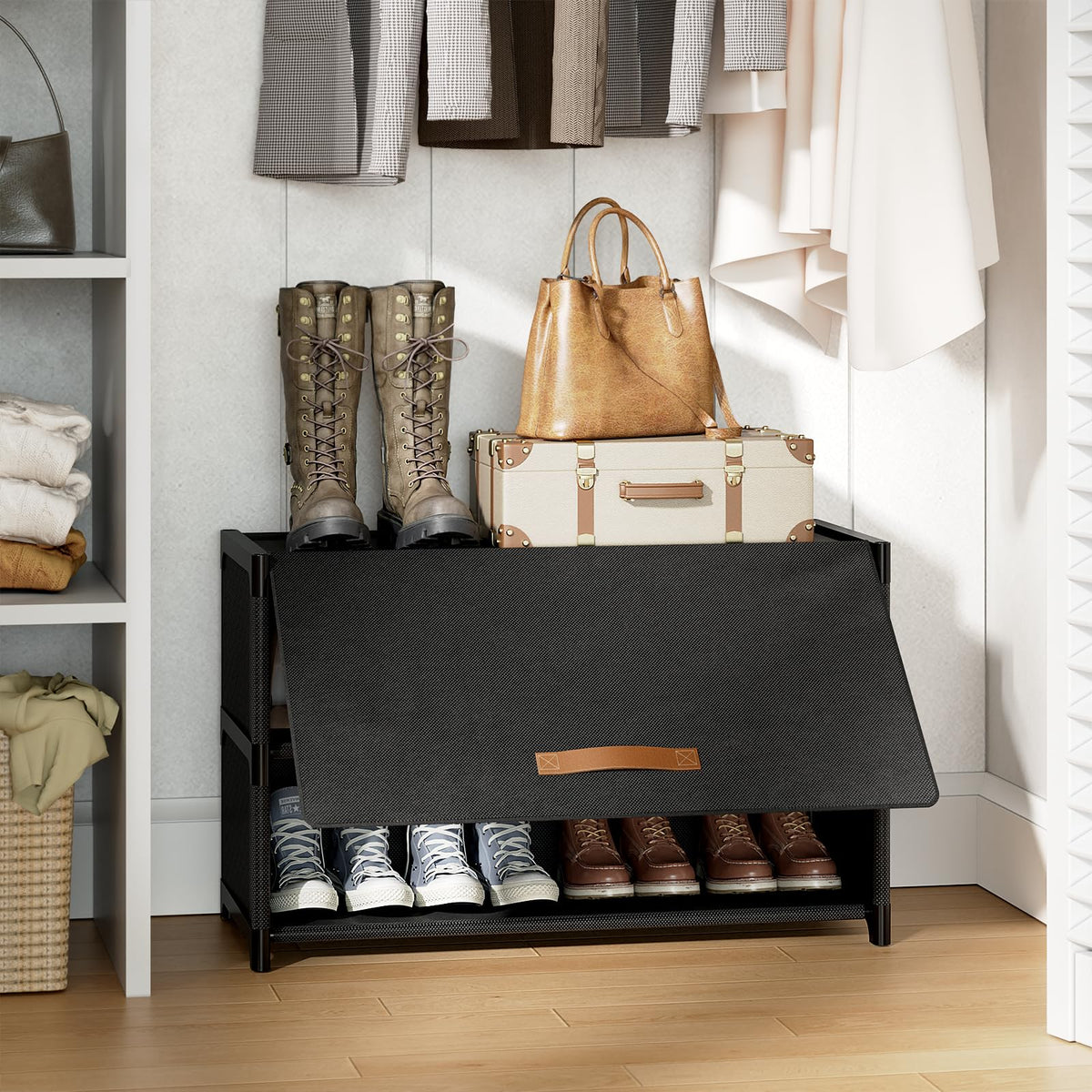 UNITSTAGE shoe rack door closed front highlighting dust protection and organized entryway storage.