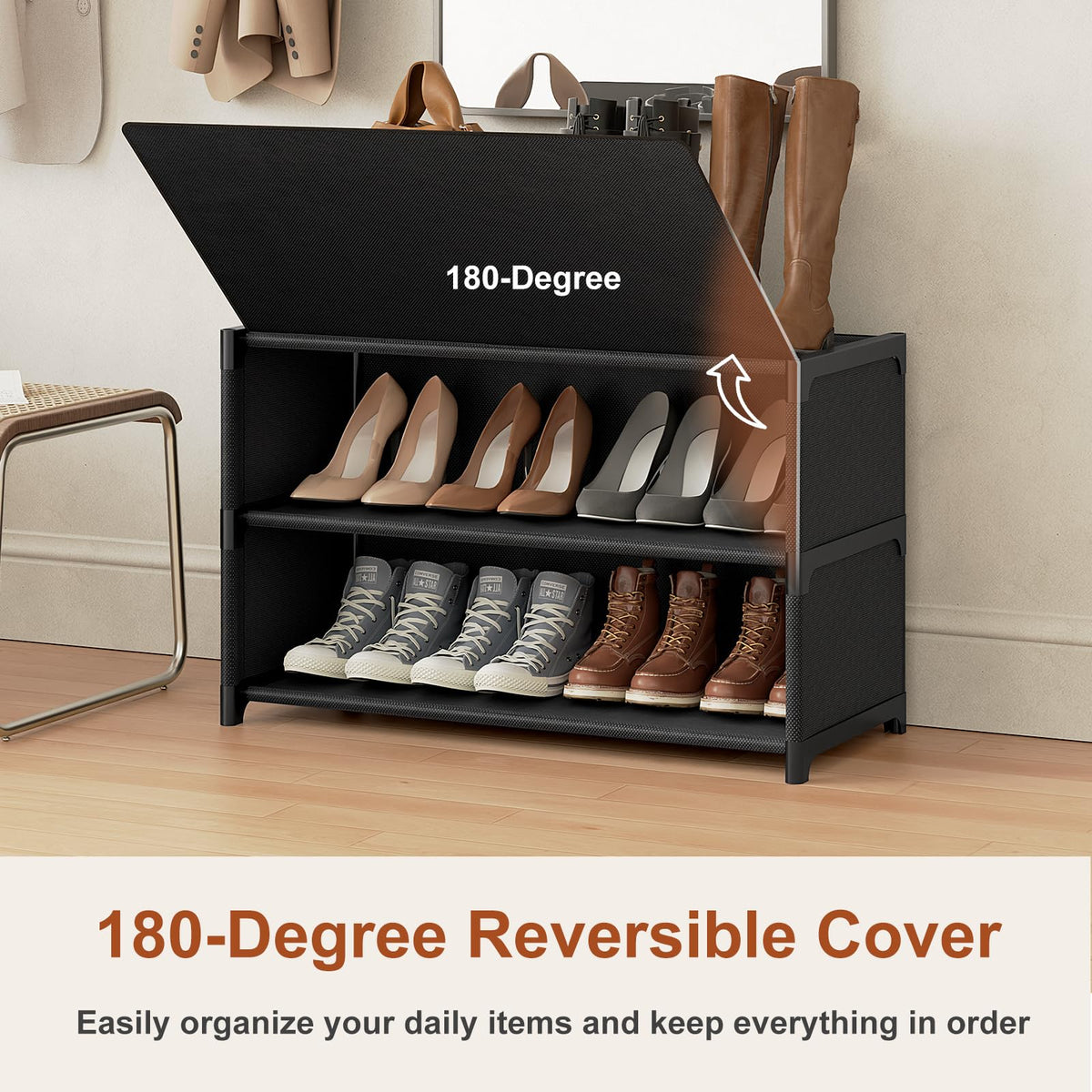 UNITSTAGE shoe rack in entryway keeps shoes neatly organized and accessible.
