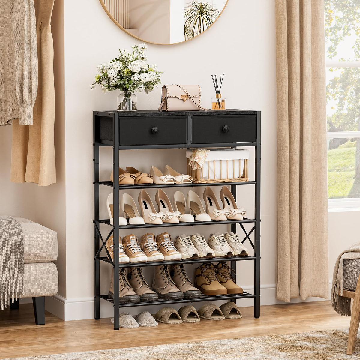 UNITSTAGE metal frame provides robust support for daily footwear storage.