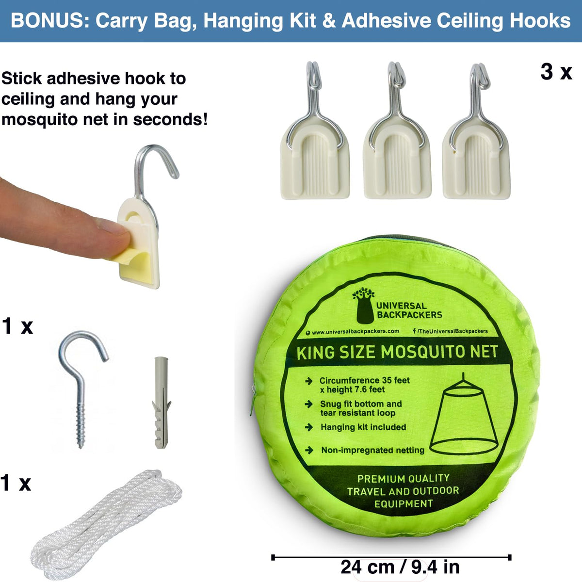 Universal Backpackers included carrying bag and hanging kit for travel convenience.