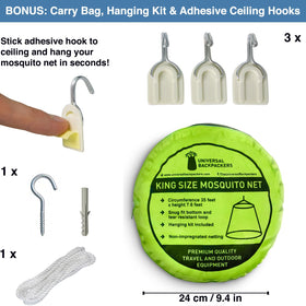 Universal Backpackers included carrying bag and hanging kit for travel convenience.