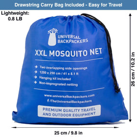 Universal Backpackers mosquito net features an elastic top loop to prevent tearing.