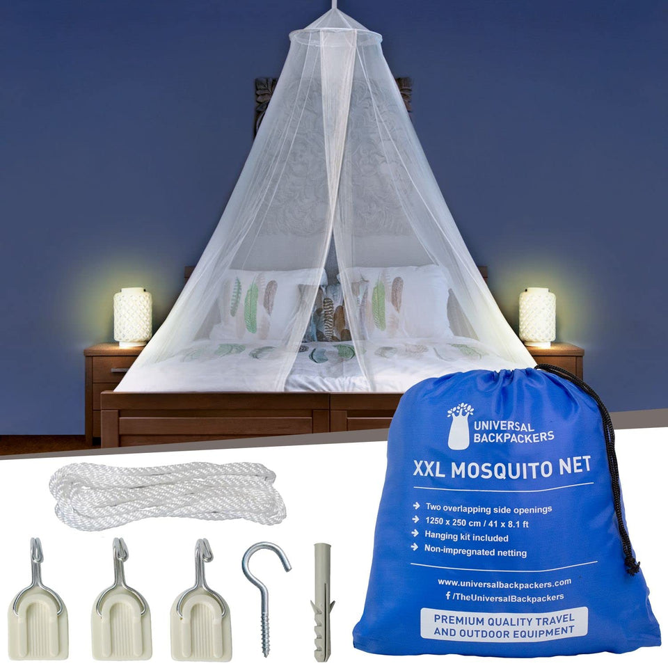 Universal Backpackers mosquito net with two openings for easy entry and airflow.