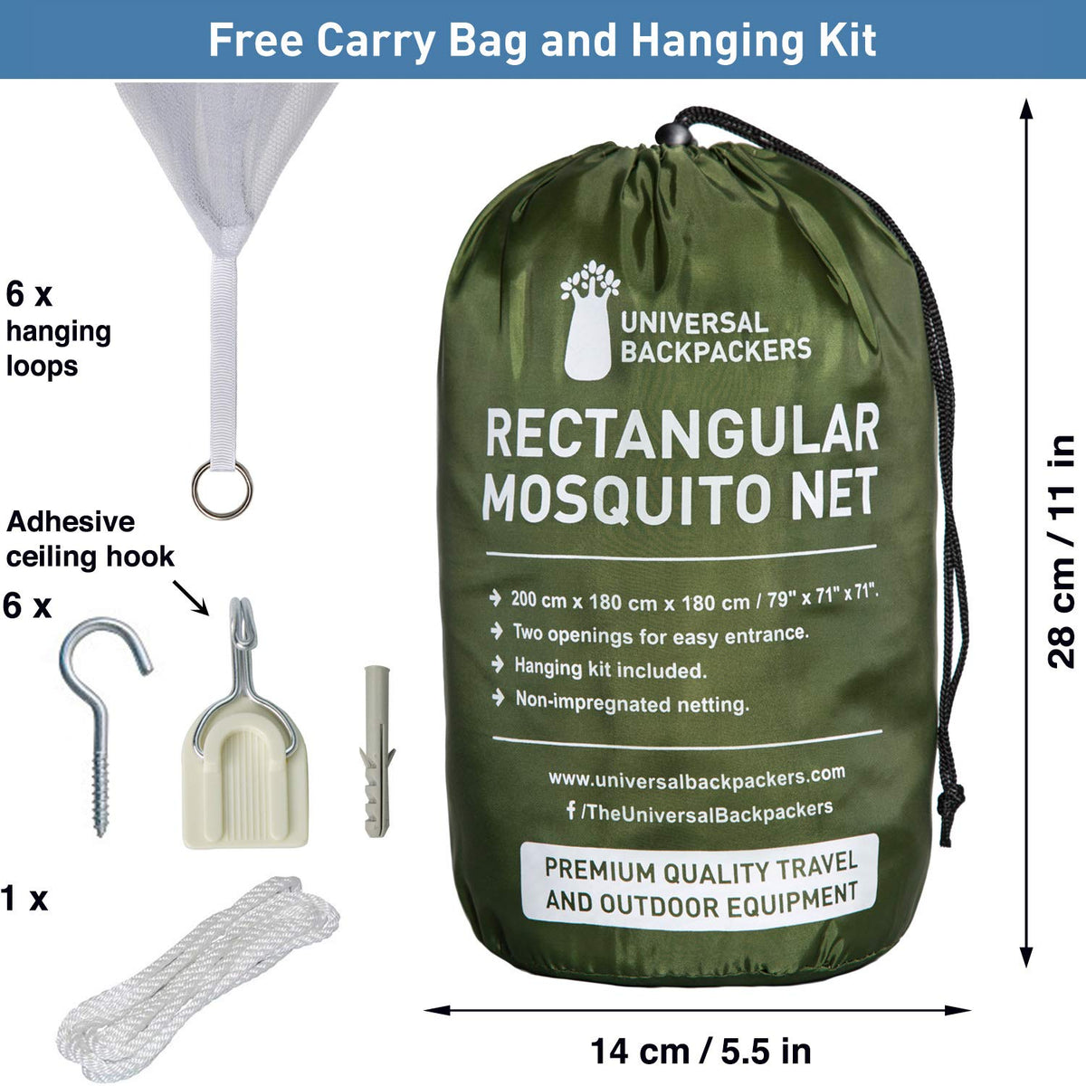 Universal Backpackers quick-install mosquito-net with adhesive hooks for fast setup