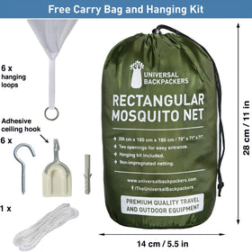 Universal Backpackers quick-install mosquito-net with adhesive hooks for fast setup