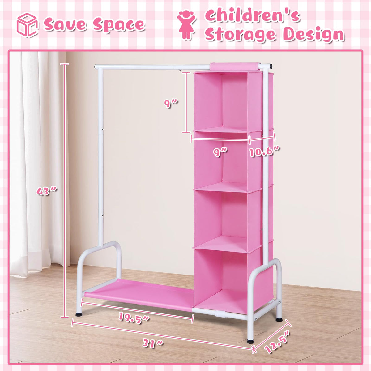 Assembled Univivi rack shown in a tidy nursery, saving space in small rooms.