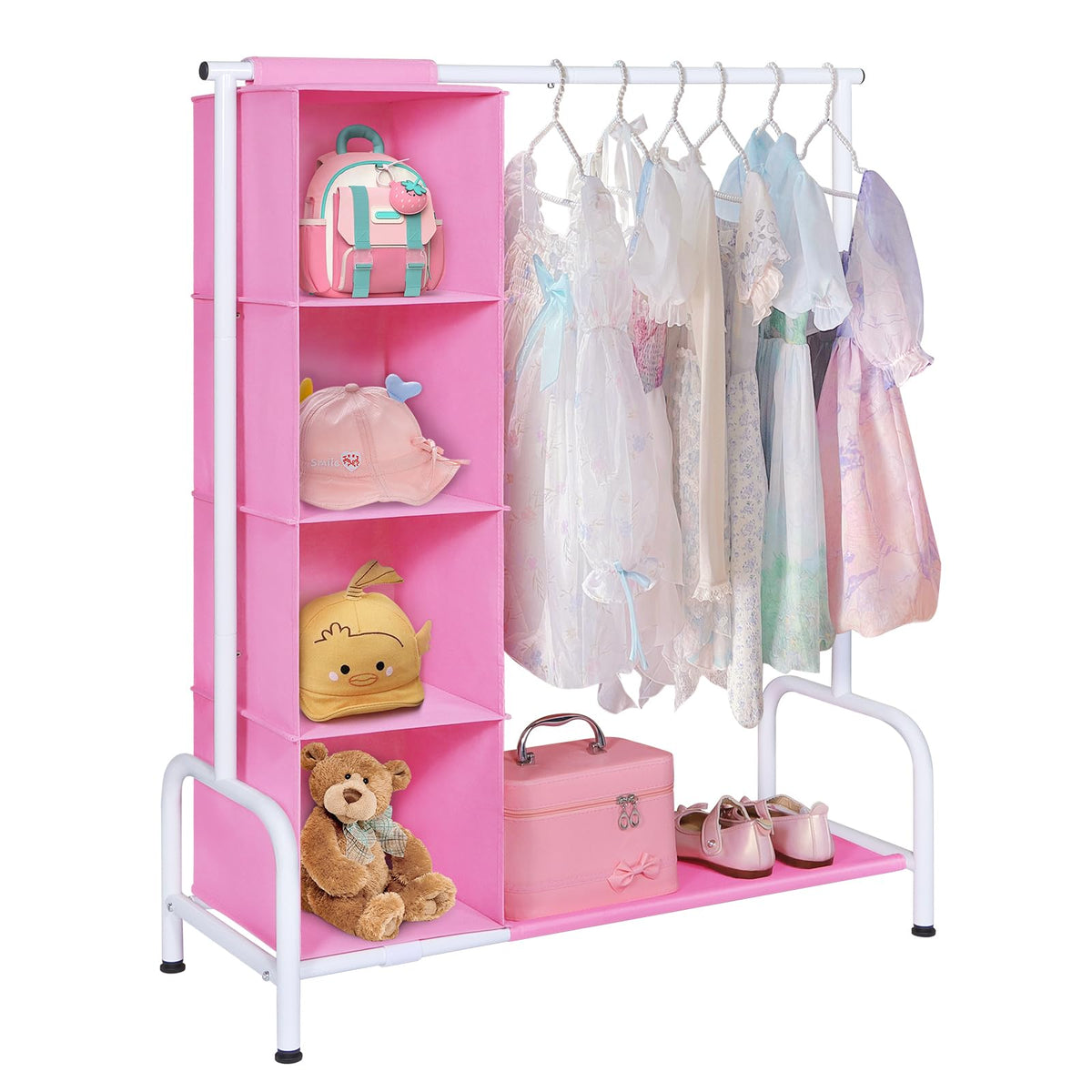 Univivi 43-inch tall kids clothing rack in pink close-up, sturdy metal frame stores clothes safely.