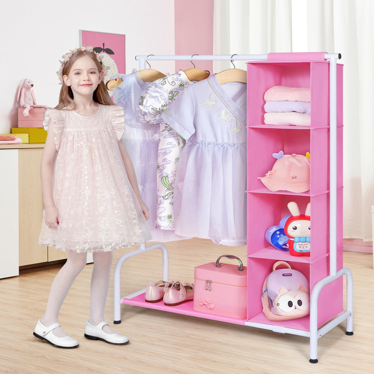 Univivi 43-inch tall rack with side organizer demonstrates easy-access storage for costumes and outfits.