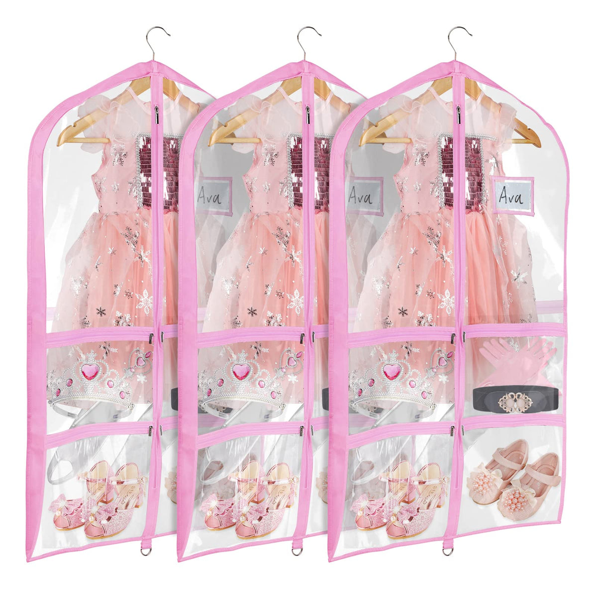 Univivi clear pink dance bag front view showing organized pockets for costumes and accessories
