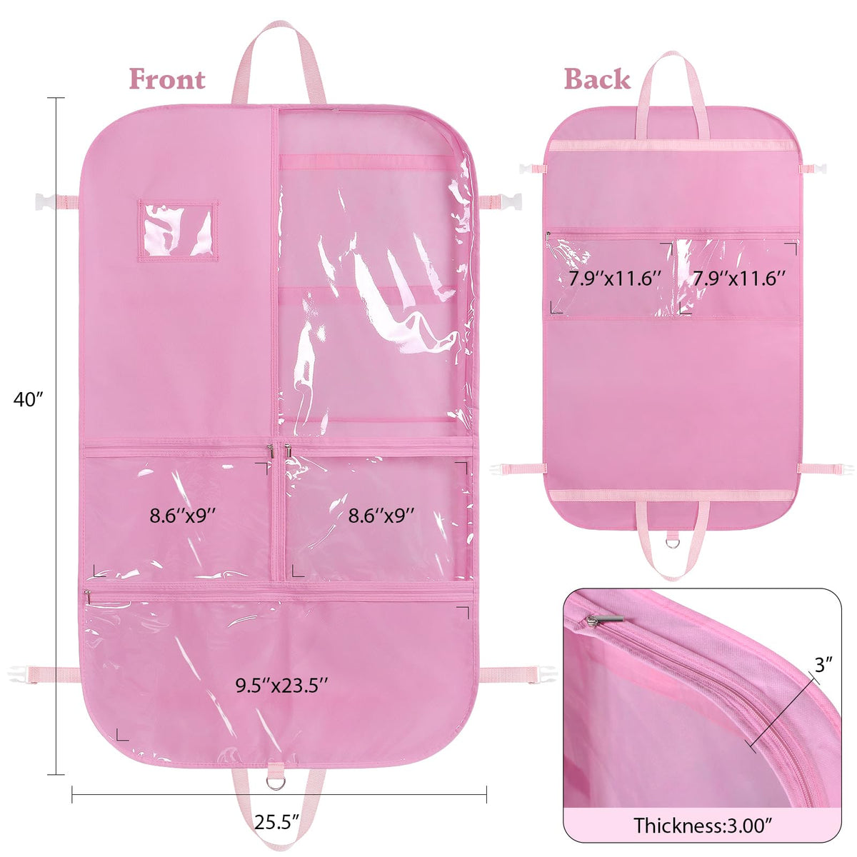 Univivi pink bag with three transparent pockets for shoes, socks and jewelry