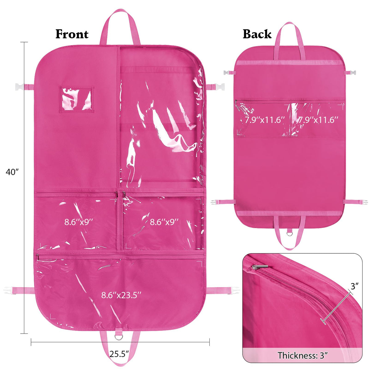 Univivi bag rear view showing three-pocket zippers for organized storage.