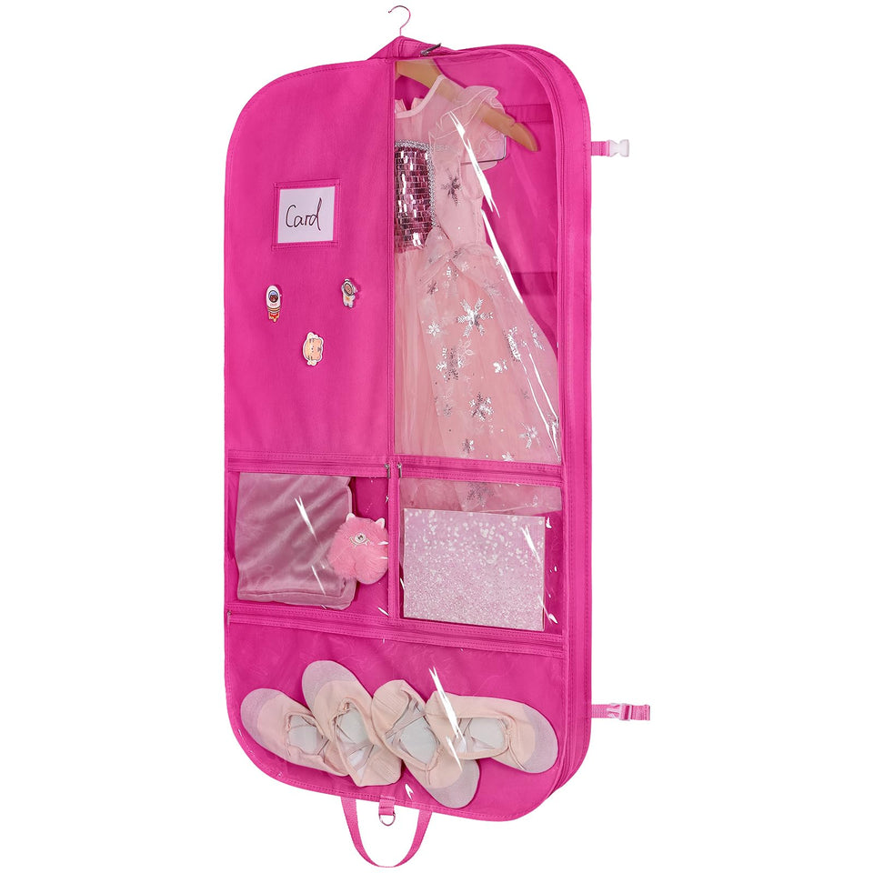 Univivi 40-inch dance garment bag front view with clear pockets for easy organization.