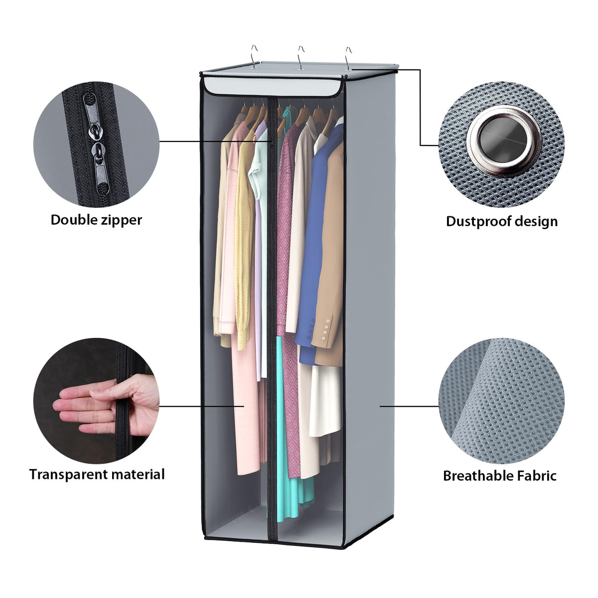 Dustproof breathable fabric protects coats, suits, and dresses with durable construction.