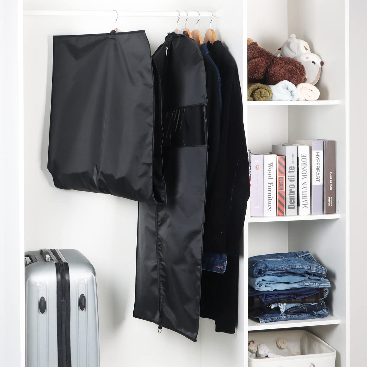Univivi set of five garment bags for versatile storage of suits or T-shirts.