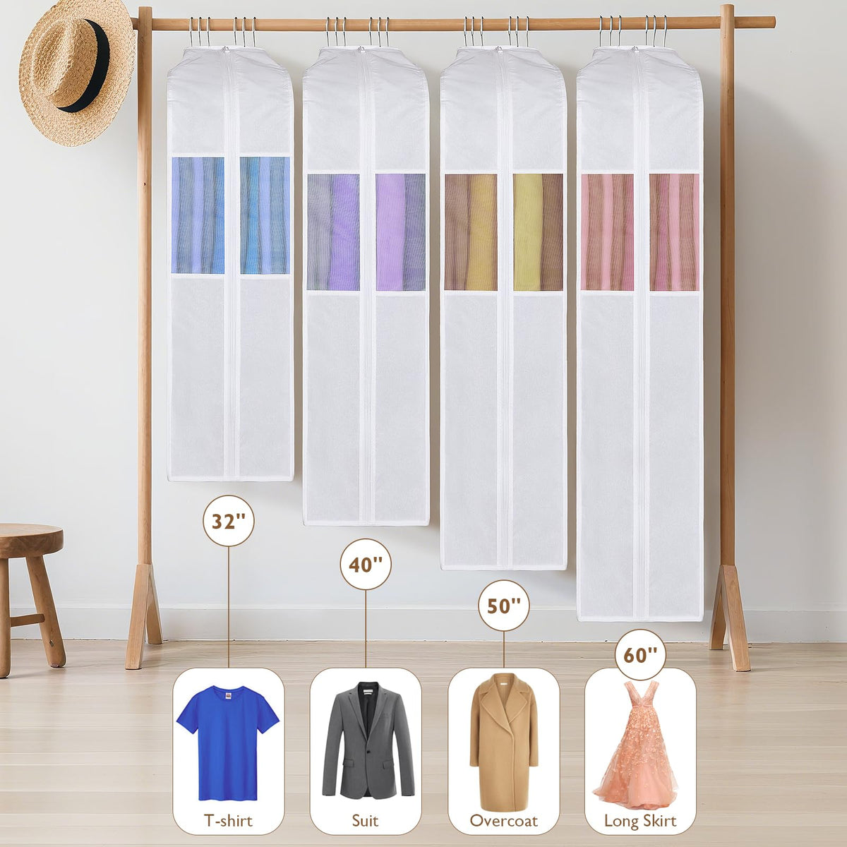 Univivi two-pack cotton garment bags for organized wardrobe storage.