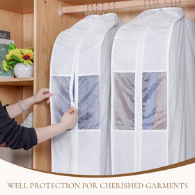 Univivi garment bag with organza side panel for quick garment recognition.