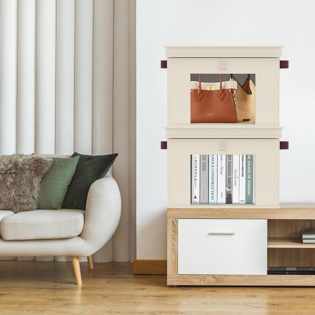 Univivi storage bin with sturdy handles for easy carrying between rooms