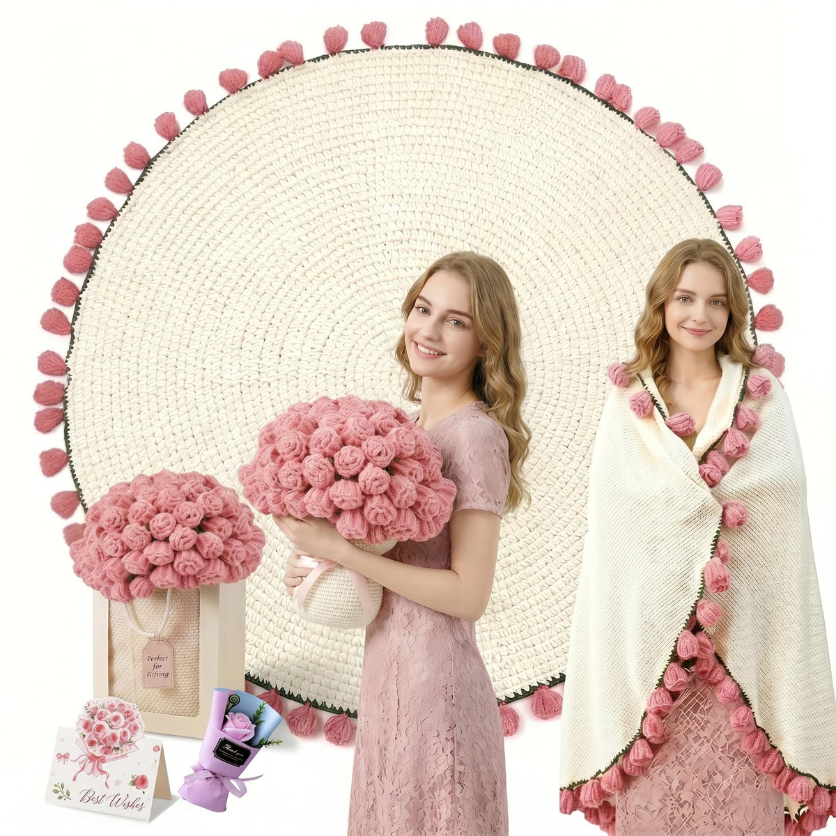 UODOR pink flower bouquet blanket folded as elegant decor.