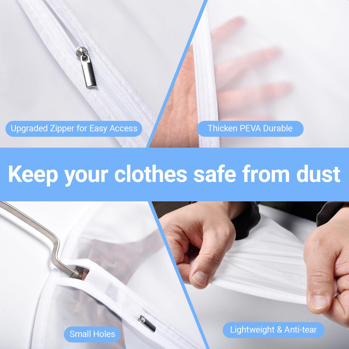 UOUEHRA PEVA material garment cover protects clothes from dust while remaining lightweight.