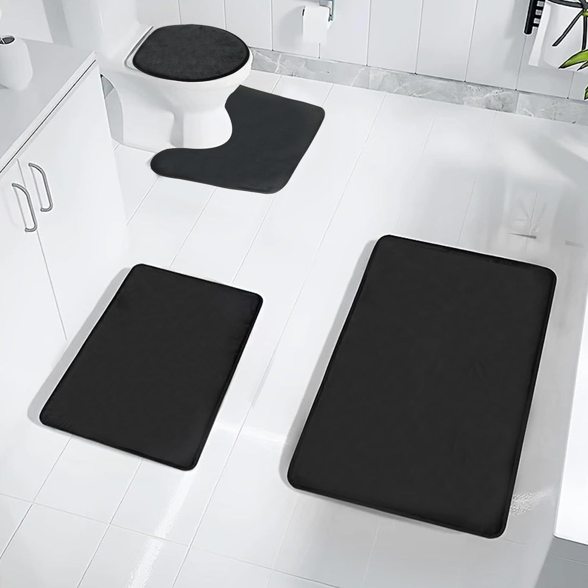 Uowuoiw memory foam bath rug set in black with plush comfort and reliable grip.