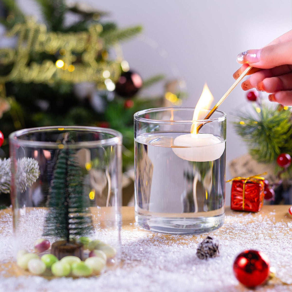 UPBUD floating candle display vase creates soft light accents