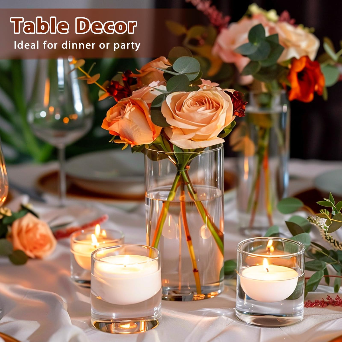 UPBUD Floating candle vases create a shimmering candle display on elegant tabletops.