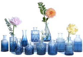 UPBUD Glass Blue Bud Vases set of 12 in varying sizes for elegant centerpieces.