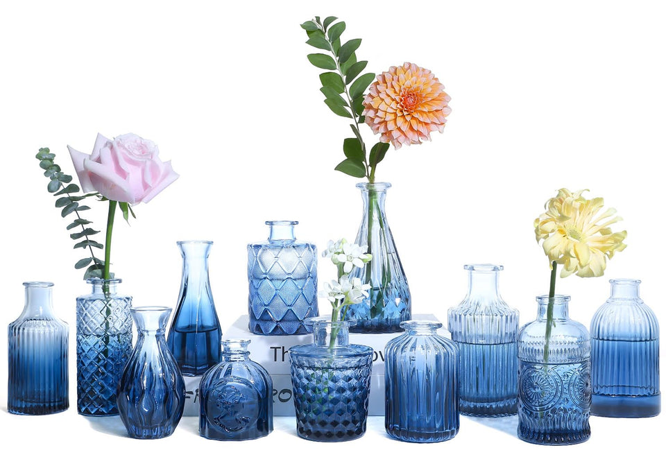 UPBUD Glass Blue Bud Vases set of 12 in varying sizes for elegant centerpieces.