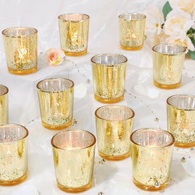 UPBUD Gold Votive Candle Holders 24-pack illuminate tables with a warm glow.