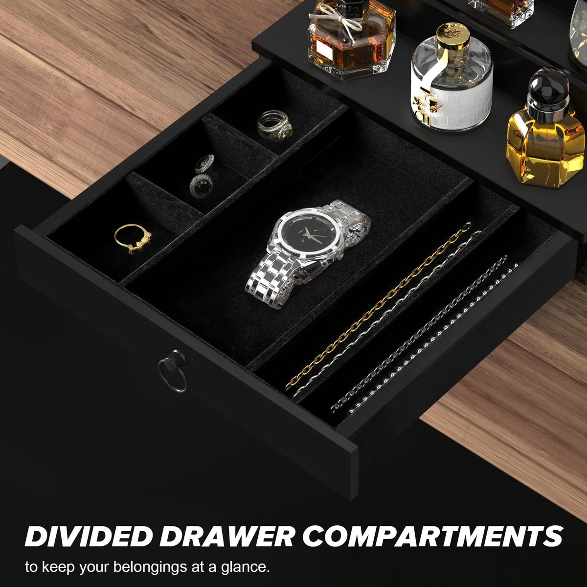 Upcessory Cologne Organizer drawer-divider close-up emphasizes accessible storage for accessories
