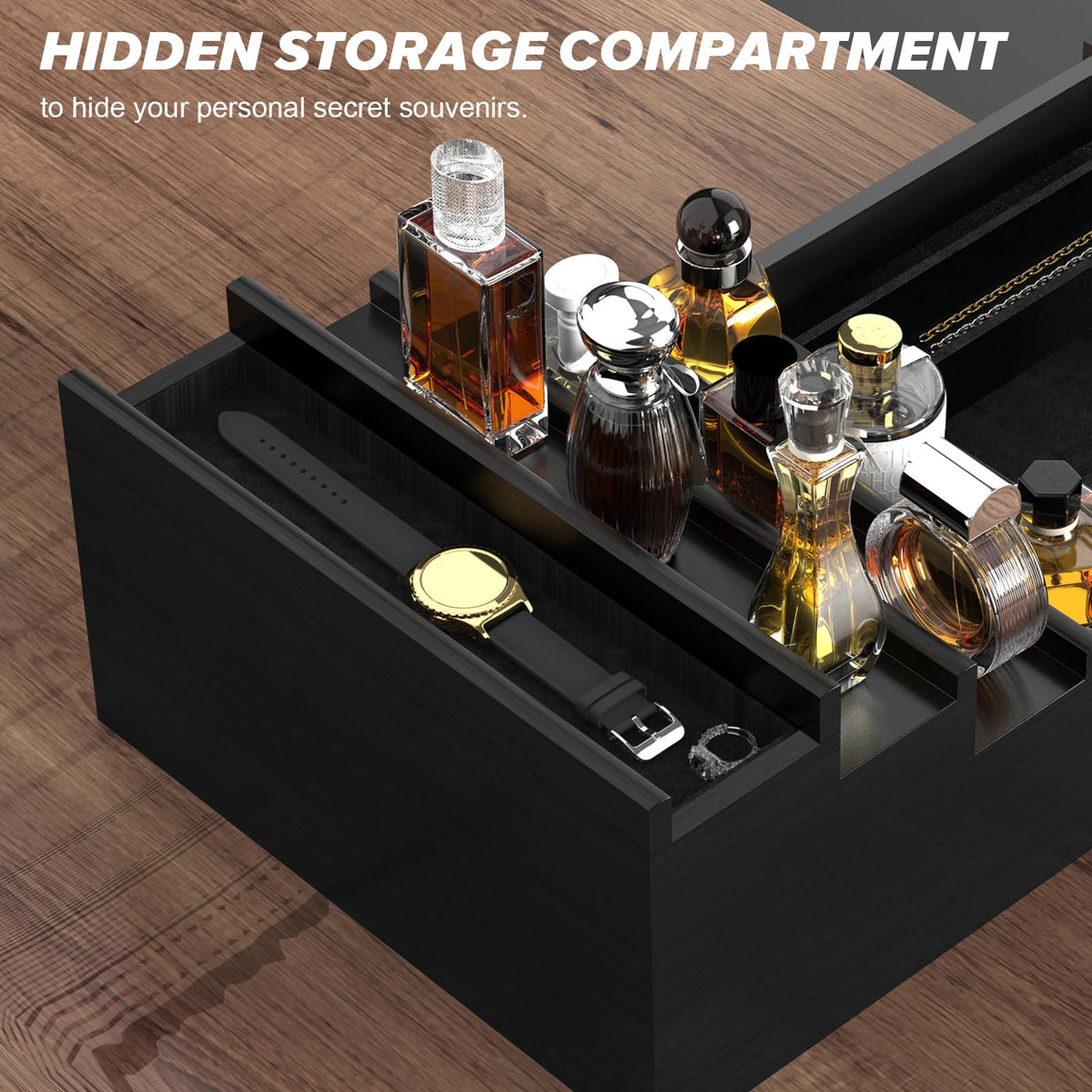 Upcessory Cologne Organizer magnetic lid close-up reveals a hidden compartment for valuables