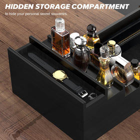 Upcessory Cologne Organizer magnetic lid close-up reveals a hidden compartment for valuables