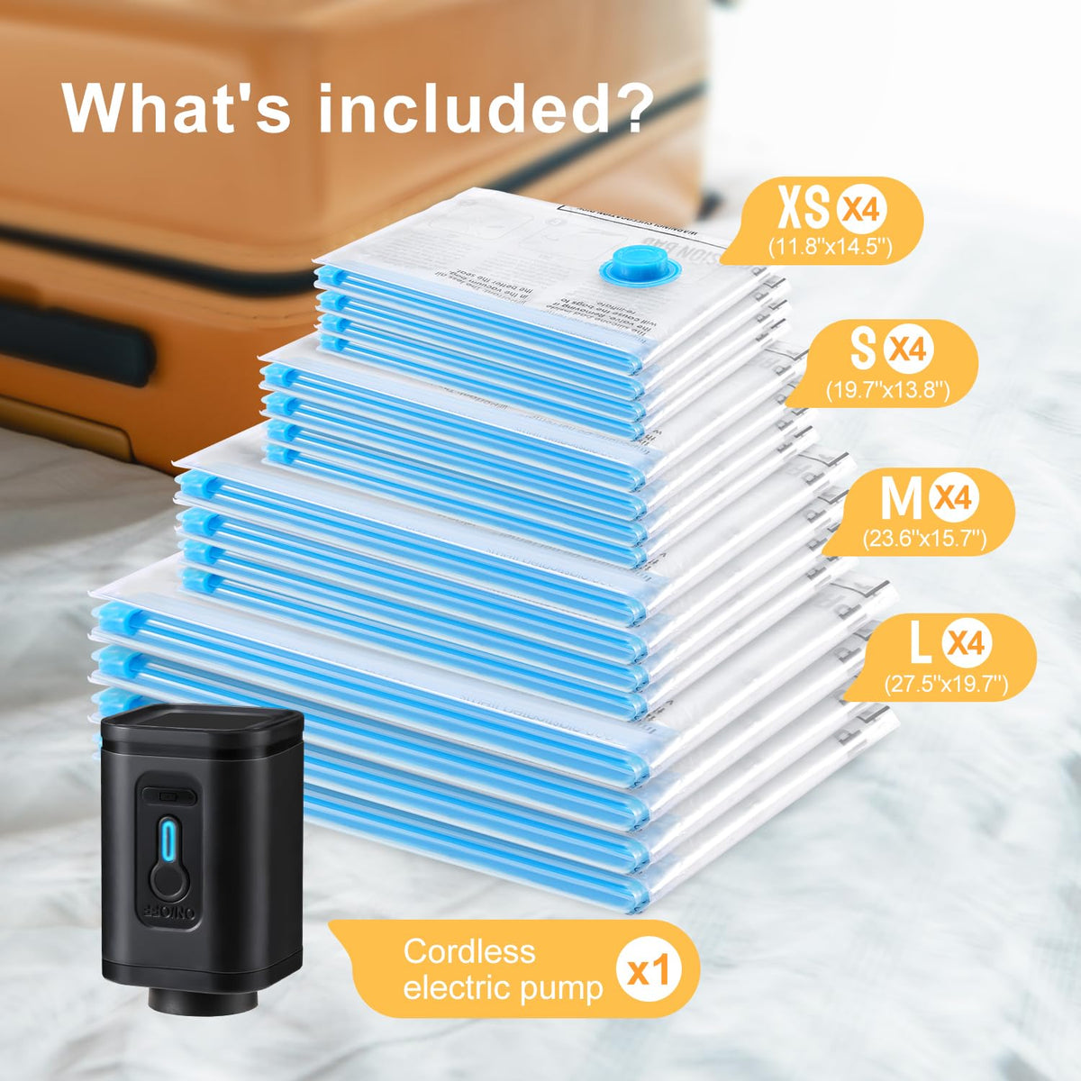 UPGOGO portable electric pump powering quick vacuum on bags